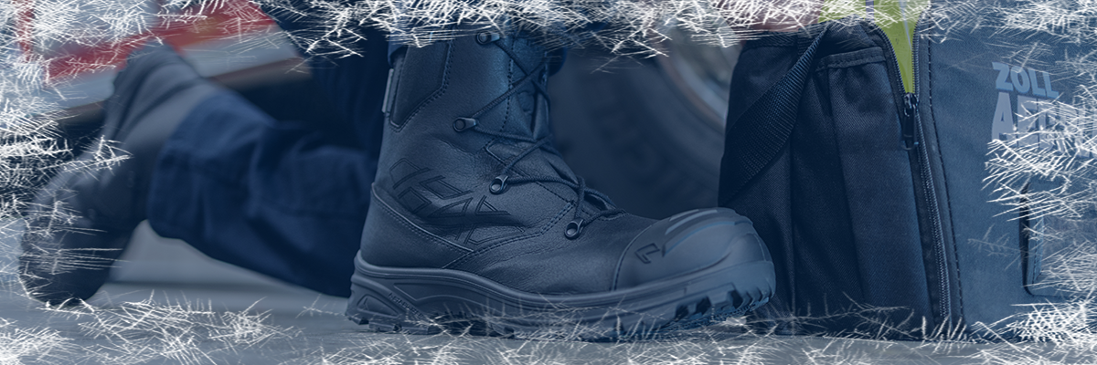 Safety Toe Boots category featuring black Rescue Xtreme composite toe boots in a fire station with a frost border effect